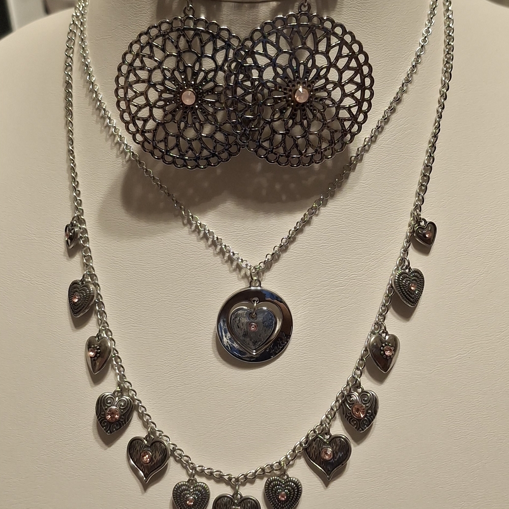 Silver and Pink Heart Pendant Necklace and Earring Set
